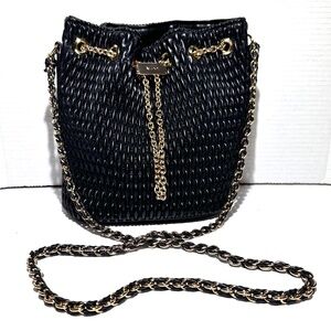 Aldo Natalya Black Quilted Bucket Bag With Gold Chain Vegan Leather